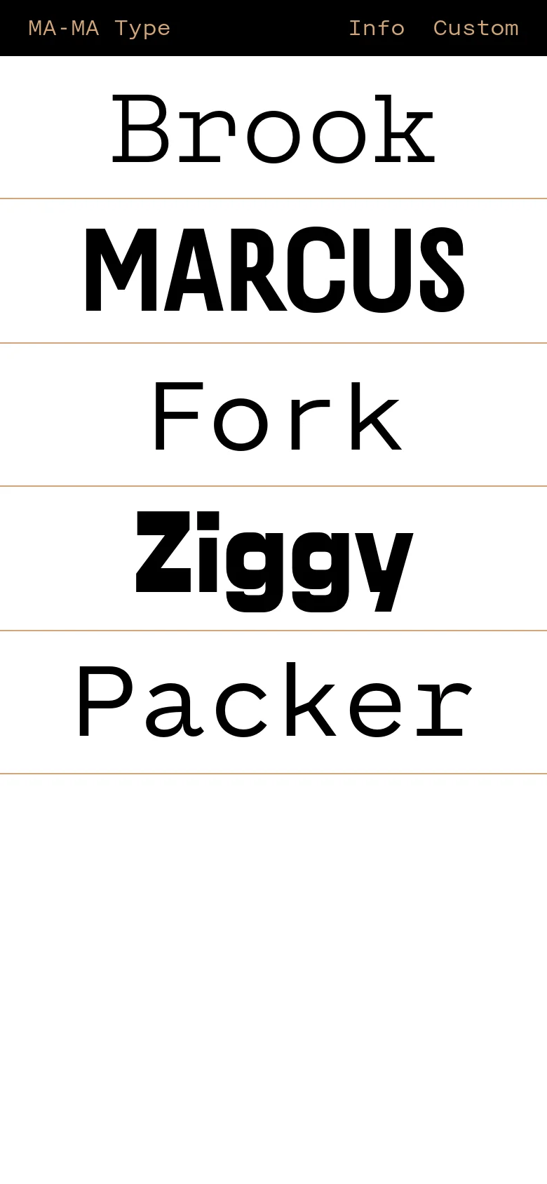 The mobile version maintains the minimalist aesthetic with a black header containing the brand name and condensed navigation links for Info and Custom. The font specimens are stacked vertically in a single column, filling the width of the screen with large, bold black text on a white background.