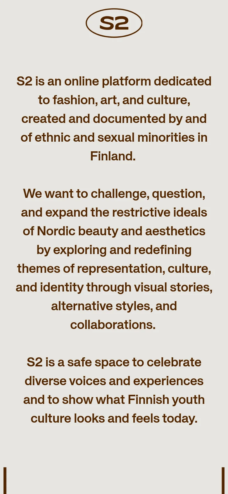 The mobile version maintains the minimalist beige and dark brown color scheme but shifts to a single-column vertical layout. The text is centered and scaled for smaller screens, focusing on the mission statement and contact details with simplified navigation.