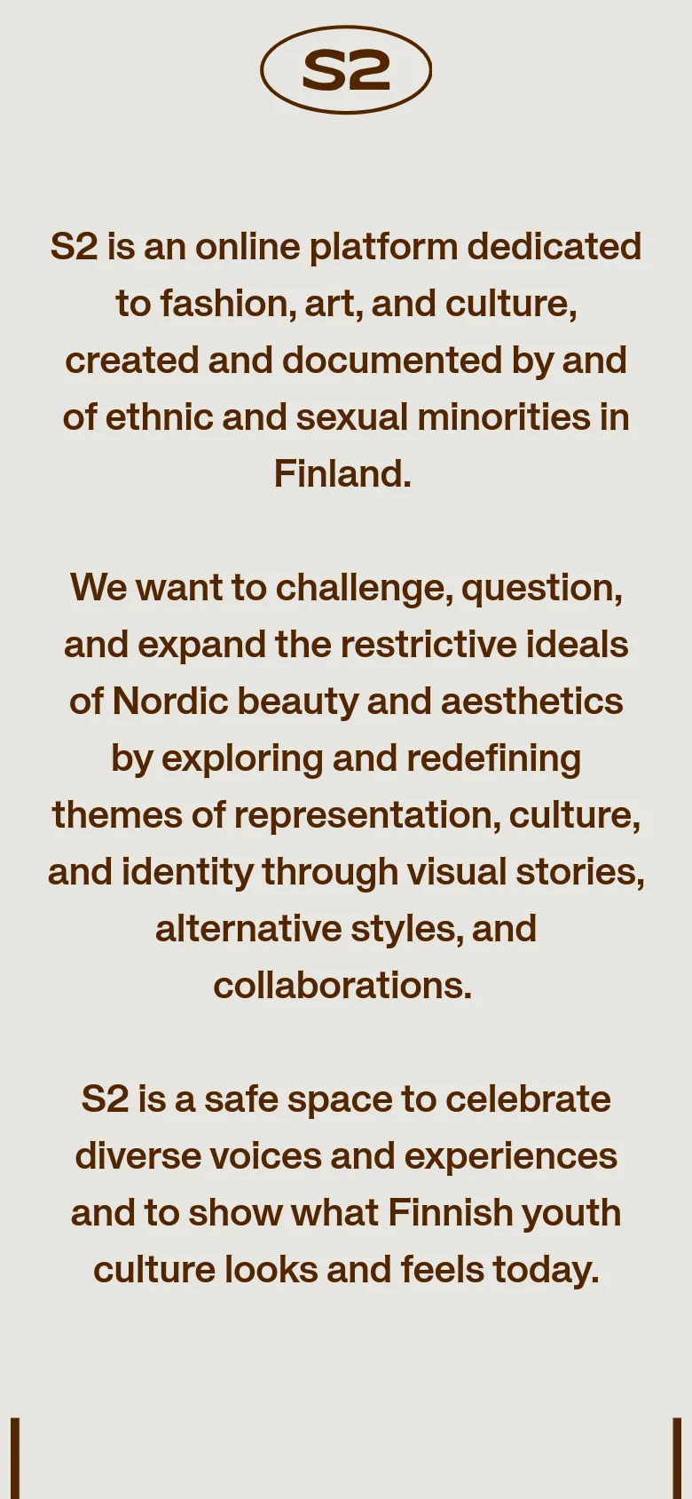 The mobile version maintains the minimalist beige and dark brown color scheme but shifts to a single-column vertical layout. The text is centered and scaled for smaller screens, focusing on the mission statement and contact details with simplified navigation.