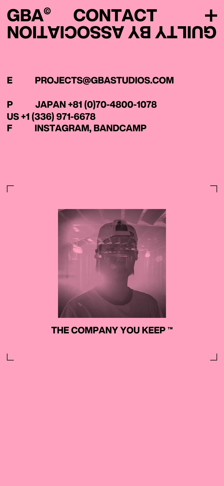 The mobile version maintains the bright pink background and bold black text but uses a single-column vertical layout. Contact information, social links, and the central square image are stacked vertically to fit the narrower screen width.