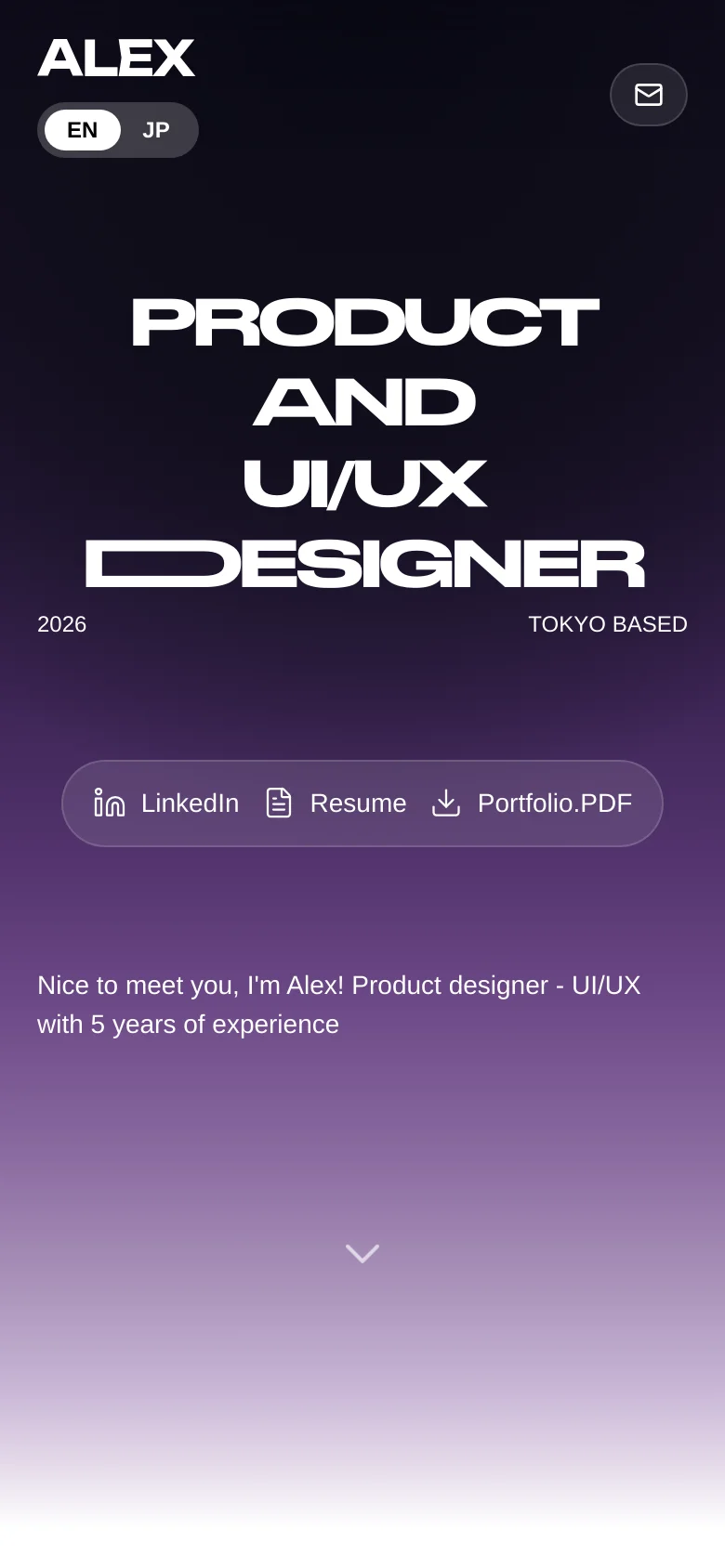 The mobile version features a similar dark purple gradient background but uses a more compact layout. The large hero text is stacked vertically, and the navigation links are contained within a single centered pill-shaped button. The 'Get in touch' button is replaced by a circular mail icon in the top right corner.