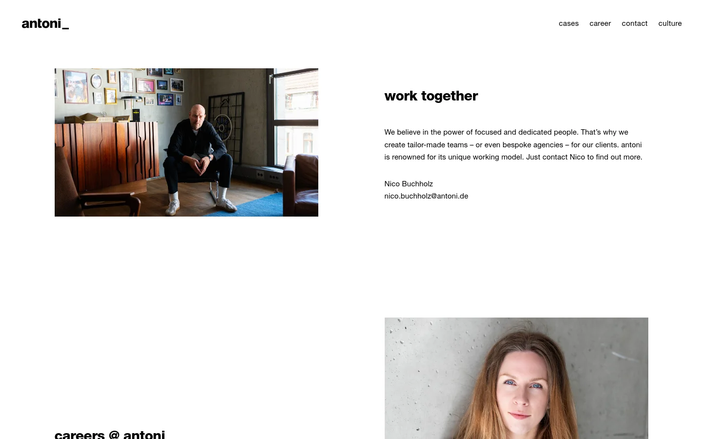 The desktop contact page features a minimalist layout with a large hero image of a man sitting in a modern room on the left and text on the right. The text includes the headline 'work together' followed by a description and contact details for Nico Buchholz. A navigation menu with links for cases, career, contact, and culture sits at the top right.