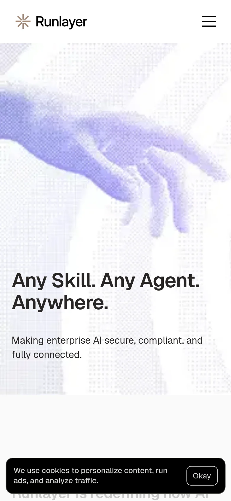 Runlayer About page mobile view with a vertically stacked layout. The hero headline Any Skill. Any Agent. Anywhere. is centered over a light, textured background with soft blue hand graphics and a simplified navigation menu.