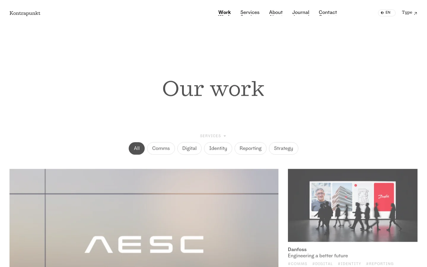 The desktop page features a minimalist white background with a large serif headline reading 'Our work'. Below the headline, a horizontal filter menu allows users to sort projects by services like Comms, Digital, and Identity. A grid layout displays large project preview images with titles, taglines, and category hashtags underneath.