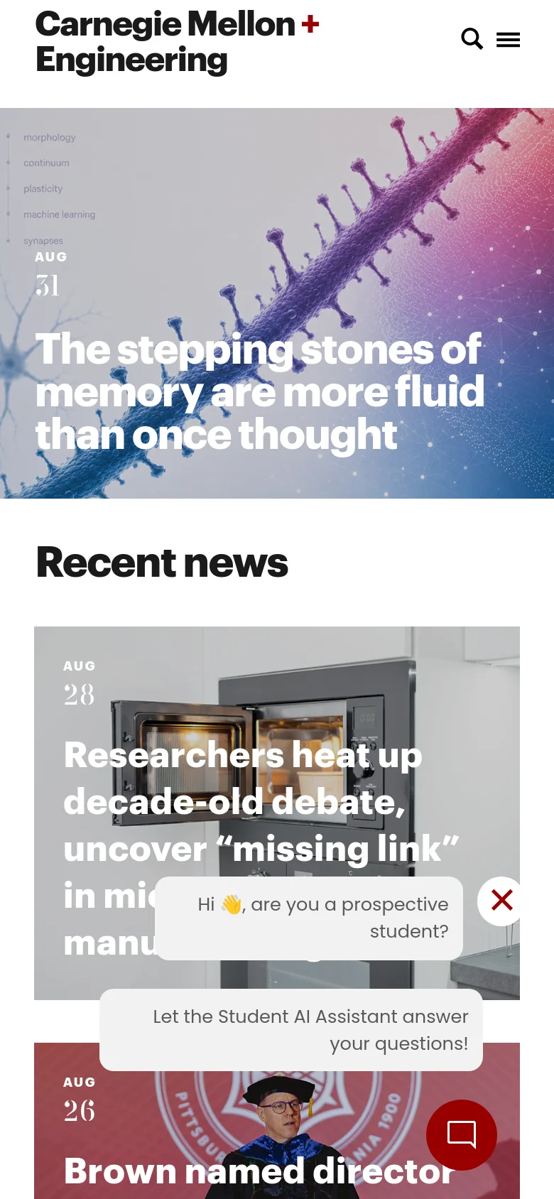 The mobile version features a vertically stacked layout starting with the university logo and a search/menu icon. The hero section displays the main news headline over a scientific background, followed by news articles presented in a single-column vertical list. A prominent chat bubble for a prospective student AI assistant is visible in the bottom right.