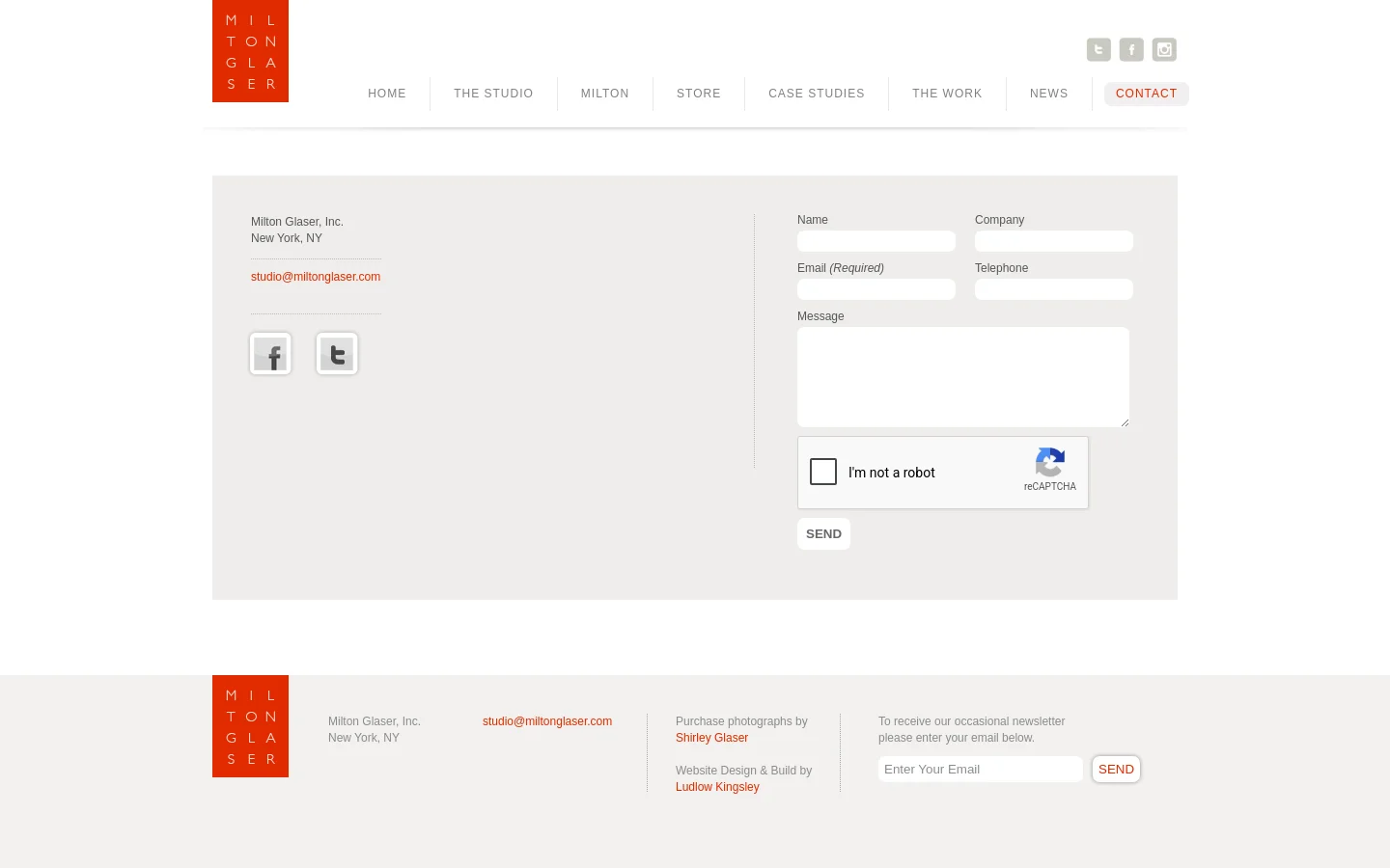The desktop Contact page features a minimalist design with a white background and a light gray contact form container. The layout includes a top navigation bar with links like Home and The Studio, a left column with contact details and social icons, and a right column containing a contact form with fields for Name, Email, Company, Telephone, and Message, alongside a reCAPTCHA and a Send button.