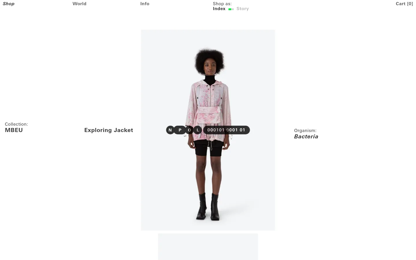 The desktop shop page features a minimalist white layout with a navigation menu at the top including links for World, Info, and Cart. A large product showcase displays the 'Exploring Jacket' with a central image of a person wearing a pink patterned jacket, flanked by text identifying the collection as MBEU and the organism as Bacteria.