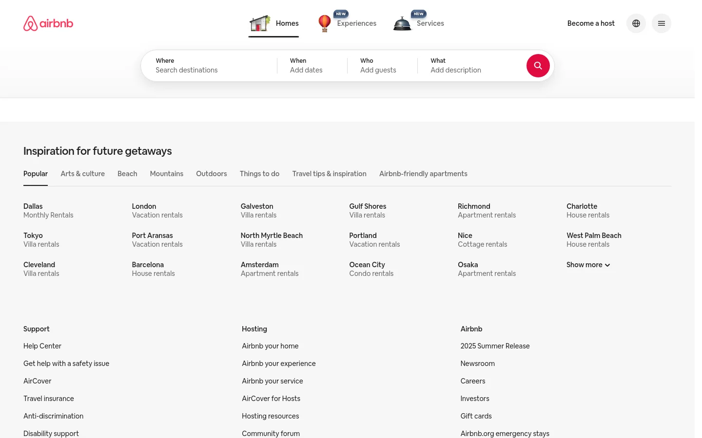 The Airbnb desktop homepage features a clean white layout with a prominent search bar at the top for destination, dates, guests, and descriptions. Below the search, a navigation menu offers categories like 'Inspiration for future getaways' and 'Popular homes in Seattle' displayed in a grid with large property photos, prices, and ratings. The footer contains organized columns for Support, Hosting, and Airbnb company information.