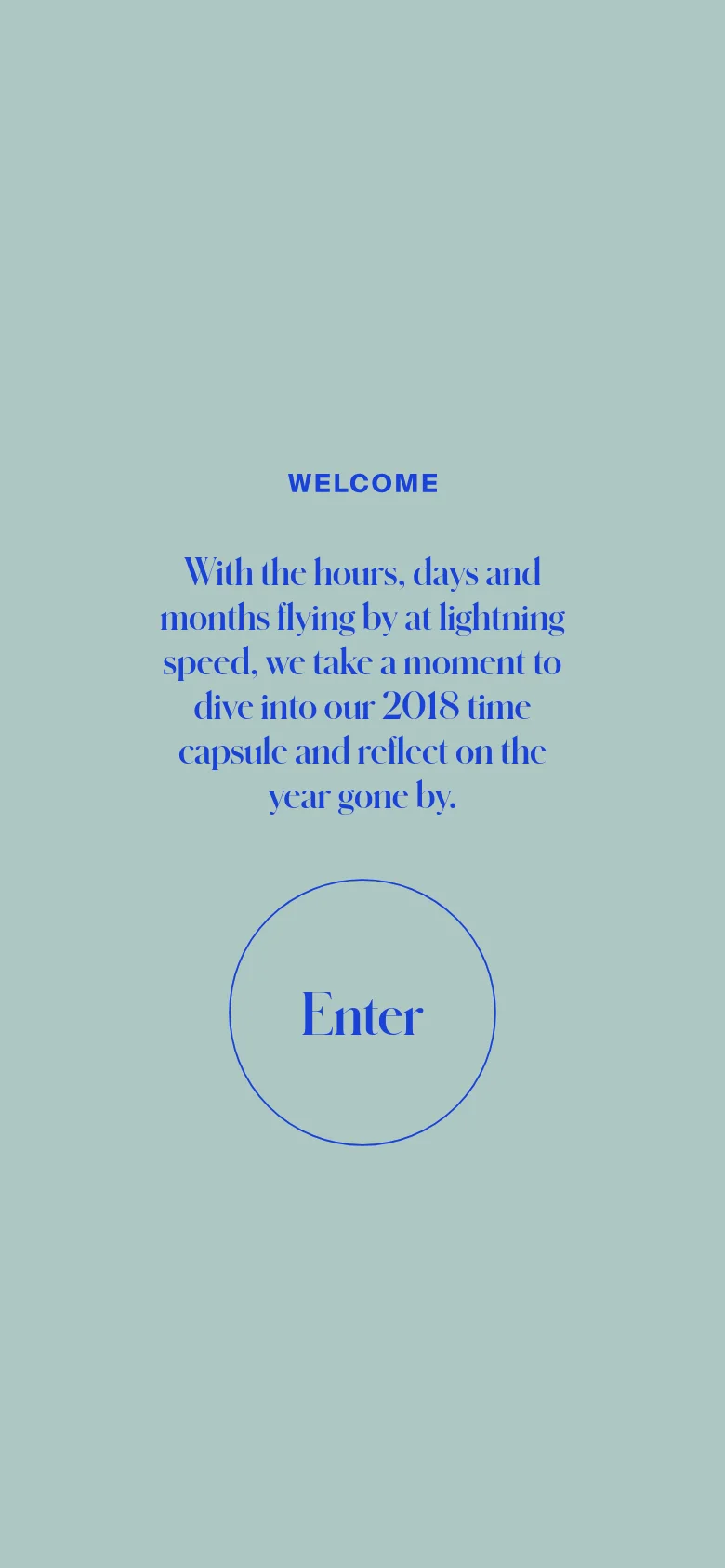The mobile version maintains the minimalist sage green background and centered blue typography. The text and large circular 'Enter' button are stacked vertically to fit the narrow screen, with social media links positioned at the top.