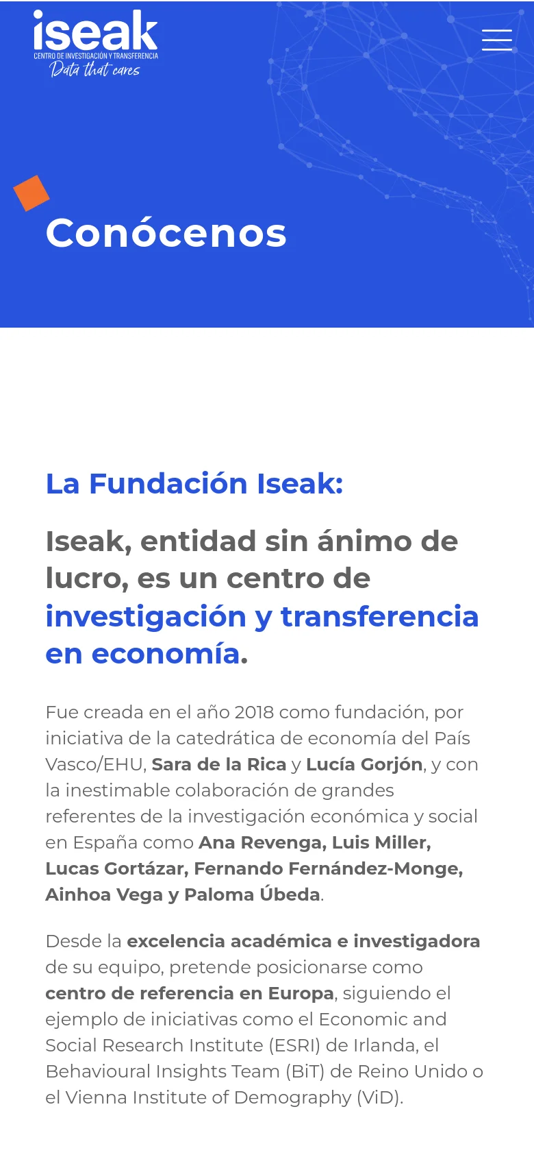 The mobile version simplifies the layout into a single vertical column. The blue hero section remains at the top with a hamburger menu icon, followed by the 'Conócenos' headline, and then the text content stacked vertically without the side-by-side columns seen on desktop.