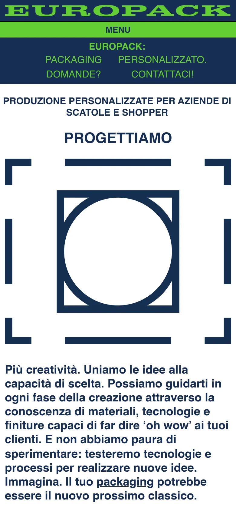 The mobile version uses a condensed vertical layout with a dark blue header containing the 'EUROPACK' logo and a centered 'MENU' button. The main headline and text sections are stacked vertically, and the geometric line art is scaled down to fit the narrower screen width, maintaining the white background and dark blue accents.