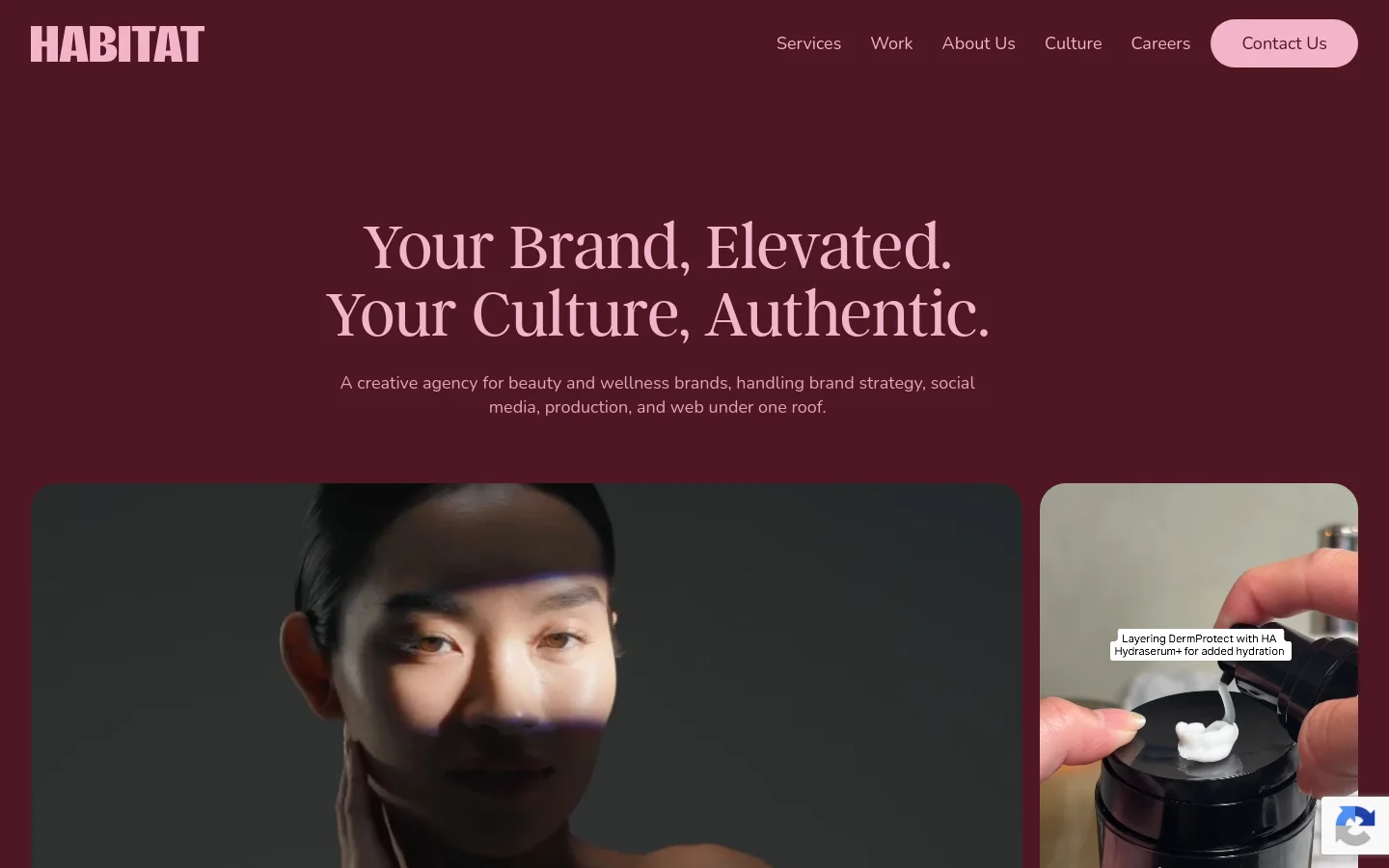 The desktop homepage features a deep burgundy background with white serif typography. The hero section displays the headline 'Your Brand, Elevated. Your Culture, Authentic.' above a subheadline and large, high-quality lifestyle imagery of beauty products and models. A navigation menu at the top includes links for Services, Work, About Us, Culture, and Careers, alongside a prominent 'Contact Us' button.