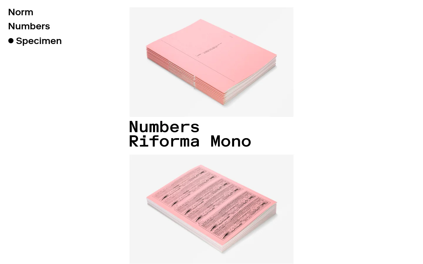 A minimalist web page with a white background featuring large, black sans-serif typography. The layout displays high-quality product photography of a pink Riforma Mono type specimen book, including shots of the cover, the interior pages, and a laydown view. A large headline reads 'Numbers Riforma Mono' above the images.
