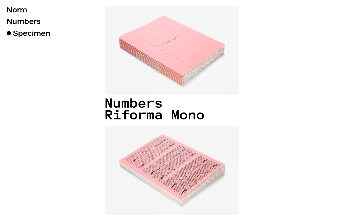 A minimalist web page with a white background featuring large, black sans-serif typography. The layout displays high-quality product photography of a pink Riforma Mono type specimen book, including shots of the cover, the interior pages, and a laydown view. A large headline reads 'Numbers Riforma Mono' above the images.