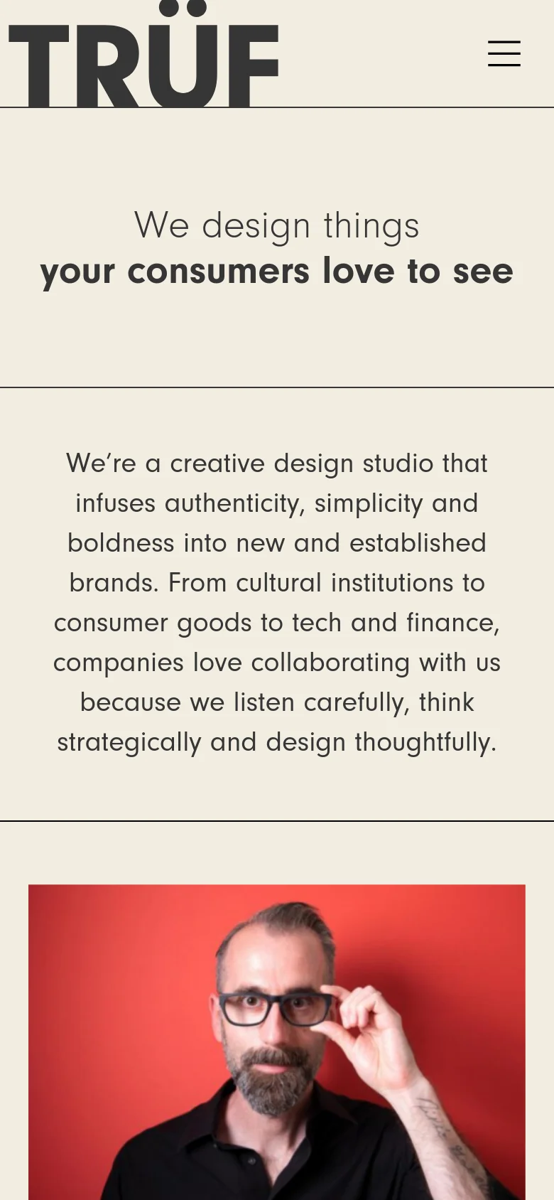 The mobile version uses a single-column layout optimized for vertical scrolling. The large 'TRÜF' logo is centered at the top, with a hamburger menu icon on the right. The headline and text are centered, and the team portraits are stacked vertically rather than in a grid.
