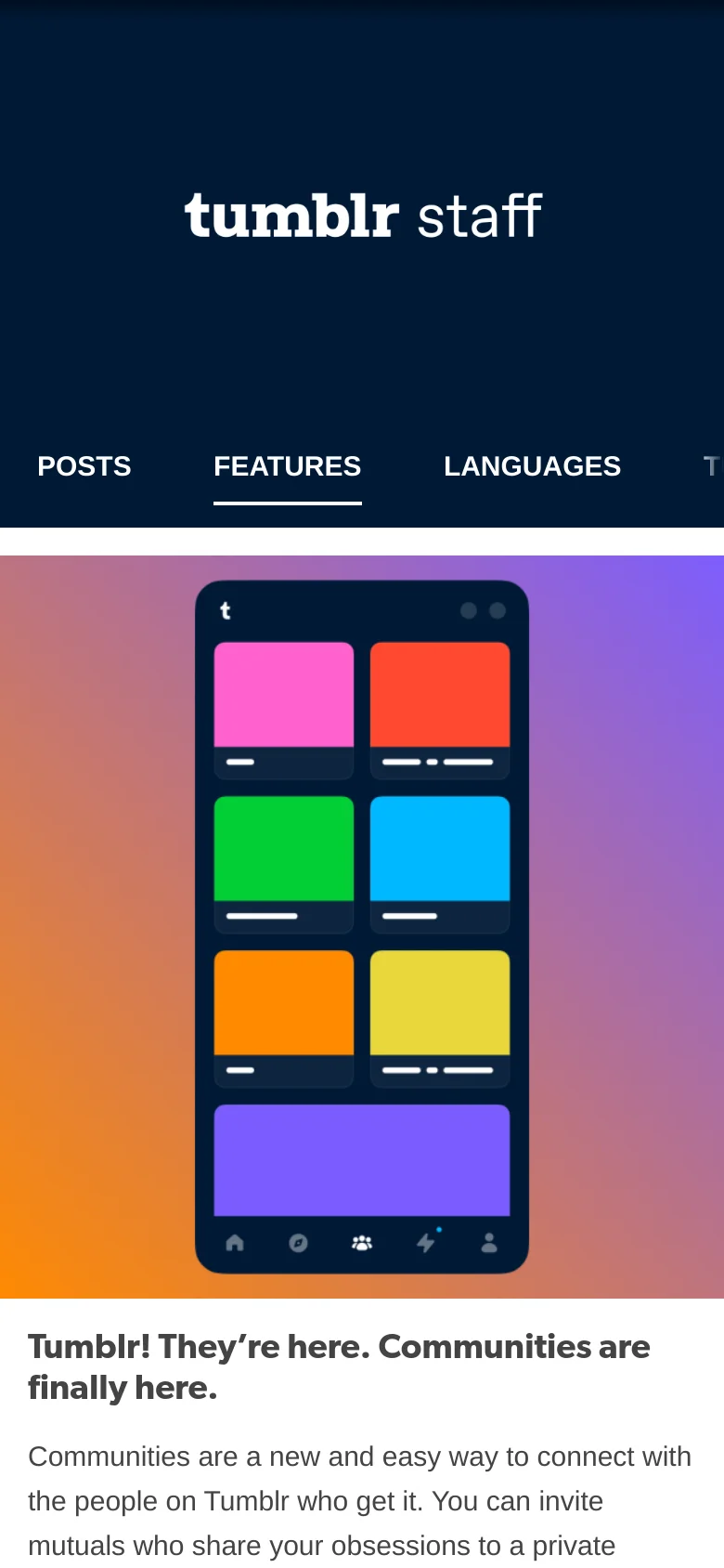 The mobile version features a simplified layout with the Tumblr Staff logo and a condensed navigation menu at the top. The main content consists of a large colorful graphic of a mobile interface followed by a headline and body text about Tumblr Communities on a light background.