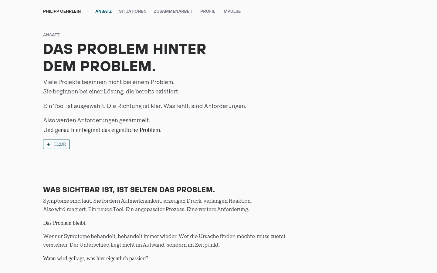 Desktop view of a minimalist website with a white background and dark gray text. The layout features a clean navigation bar at the top, a large bold headline 'DAS PROBLEM HINTER DEM PROBLEM.', and structured text sections with a 'TL;DR' button. The design uses ample whitespace and a professional, typographic-focused aesthetic.