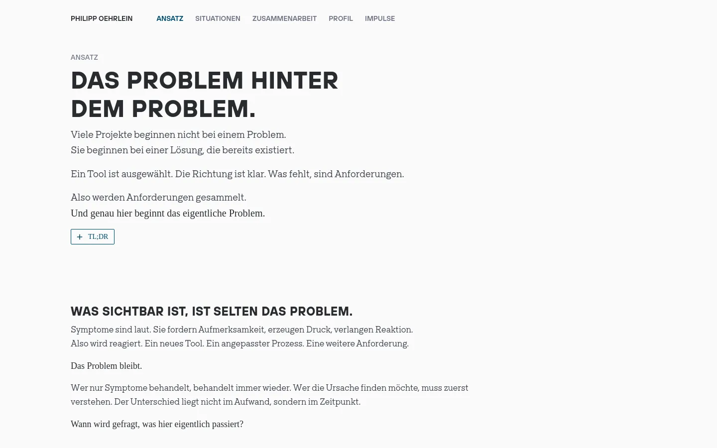 Desktop view of a minimalist website with a white background and dark gray text. The layout features a clean navigation bar at the top, a large bold headline 'DAS PROBLEM HINTER DEM PROBLEM.', and structured text sections with a 'TL;DR' button. The design uses ample whitespace and a professional, typographic-focused aesthetic.