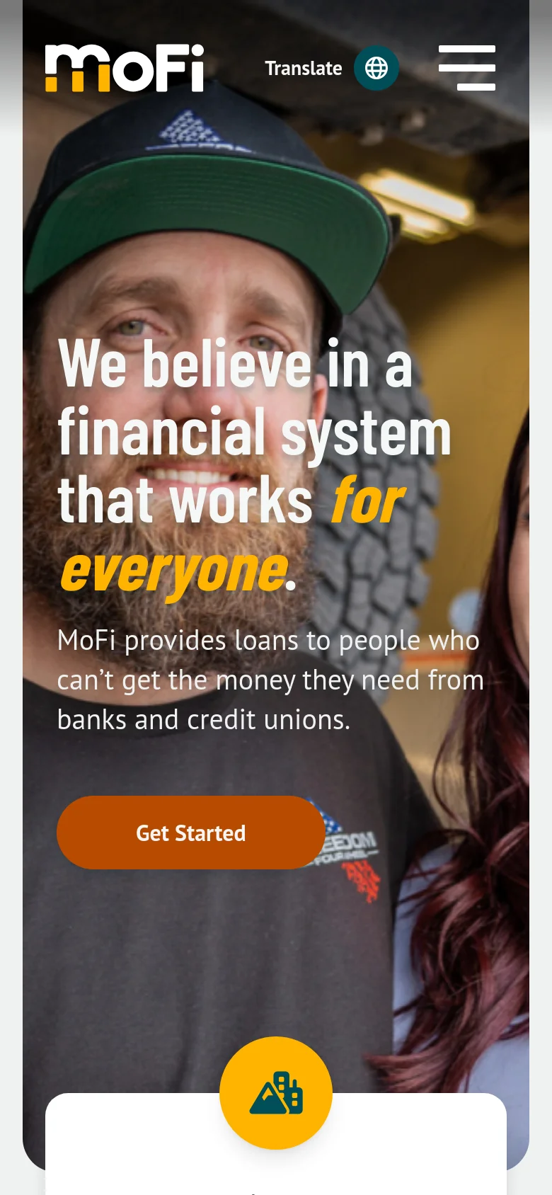 The mobile version shows a vertically stacked layout with the hero image of the couple filling the background. The headline and 'Get Started' button are centered, and the navigation is condensed into a hamburger menu icon at the top right next to a Translate option.