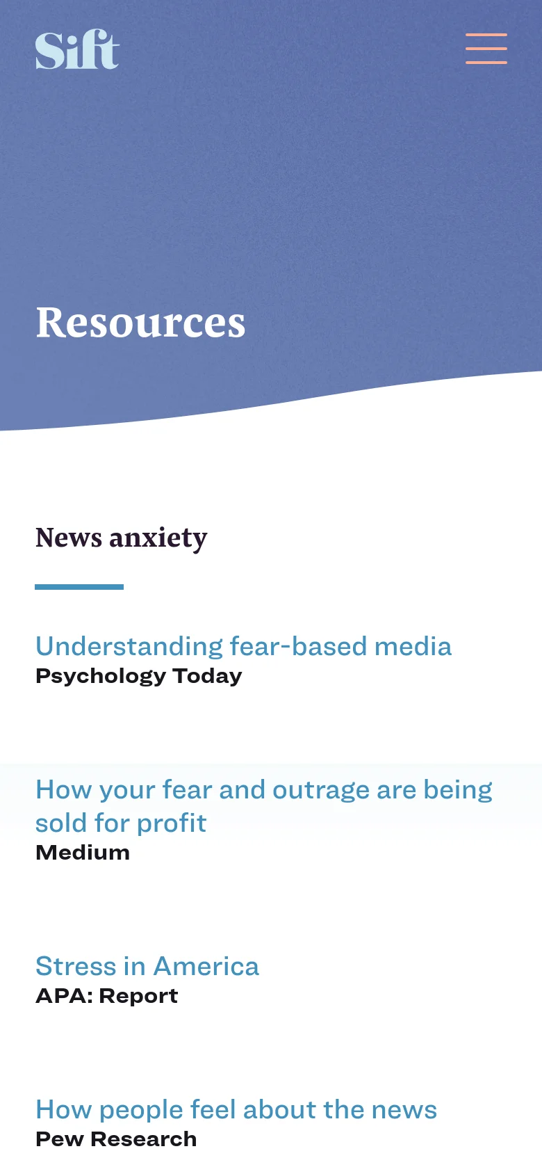 The mobile version shows a condensed blue header with the Sift logo and a hamburger menu icon for navigation. The 'Resources' title is prominently displayed against the blue background, followed by a single-column list of resource links and sources on a white background, optimized for vertical scrolling.