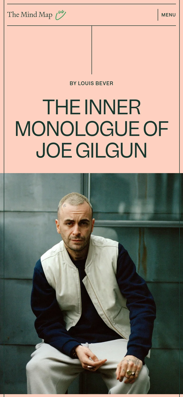 The mobile version uses a stacked layout where the text content appears first, followed by the large portrait of Joe Gilgun. The peach background remains consistent, but the headline and author information are centered above the image, which now spans the full width of the screen.