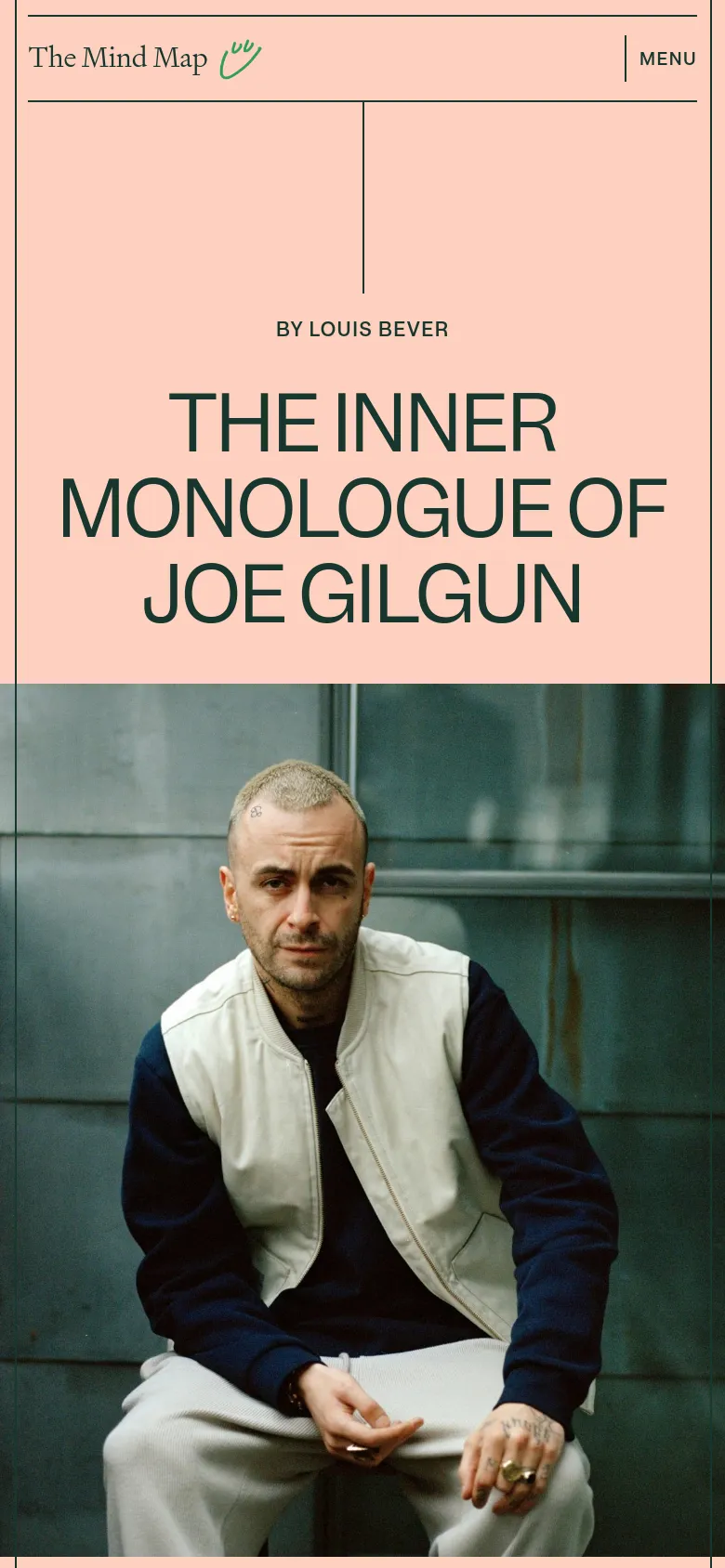 The mobile version uses a stacked layout where the text content appears first, followed by the large portrait of Joe Gilgun. The peach background remains consistent, but the headline and author information are centered above the image, which now spans the full width of the screen.