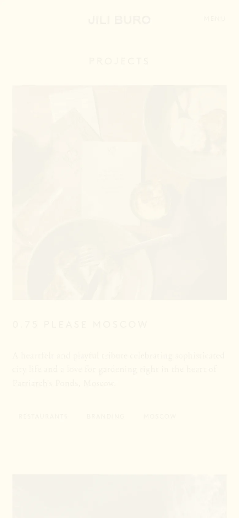 The mobile version maintains the minimalist cream aesthetic but transitions to a single-column vertical layout for easier scrolling. Project images, titles, and descriptions are stacked vertically, ensuring the text remains legible on a smaller screen. The top navigation is replaced by a condensed 'Menu' button.