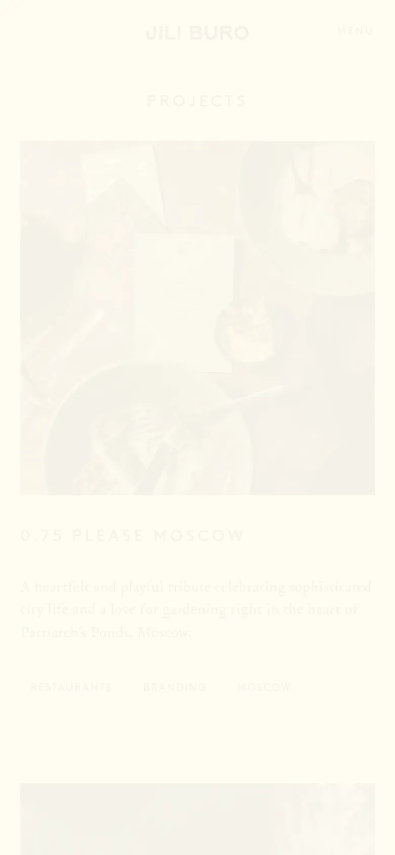 The mobile version maintains the minimalist cream aesthetic but transitions to a single-column vertical layout for easier scrolling. Project images, titles, and descriptions are stacked vertically, ensuring the text remains legible on a smaller screen. The top navigation is replaced by a condensed 'Menu' button.