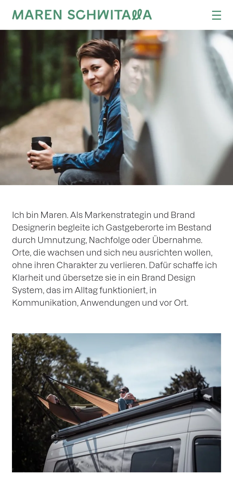 The mobile version uses a single-column vertical layout. The green brand name and hamburger menu appear at the top, followed by a full-width hero image of a woman, a block of introductory text, and a large photo of a van parked outdoors.