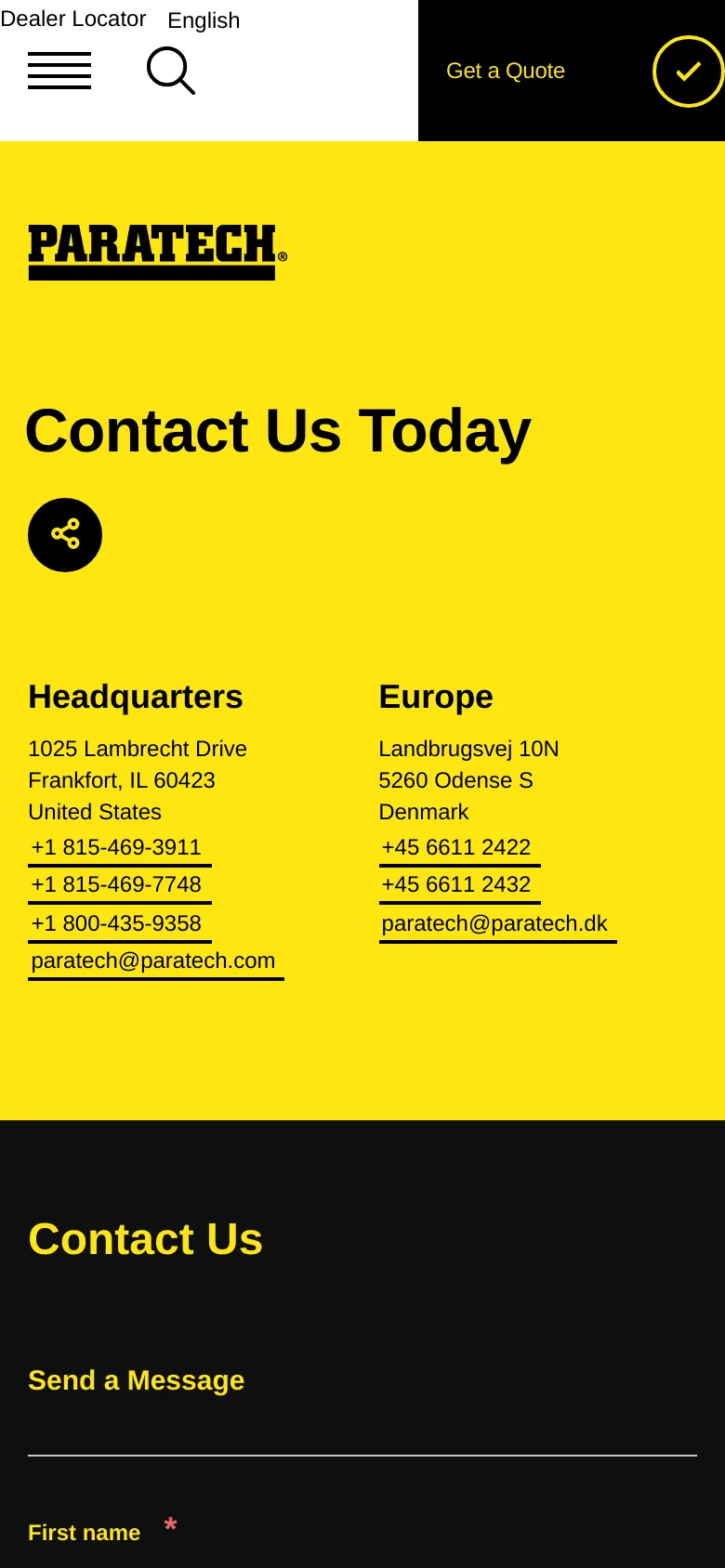 The mobile version simplifies the layout with a hamburger menu and search icon in the header. The yellow hero section displays the 'Contact Us Today' headline and contact details in a vertical stack. The contact form is positioned below in a black section, optimized for vertical scrolling on a smaller screen.