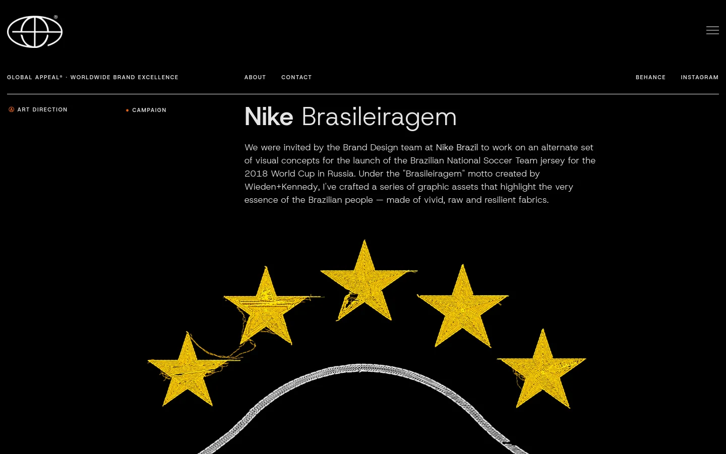 A dark-themed portfolio page for Nike Brasileiragem featuring a minimalist layout with white text on a black background. The header includes a logo and navigation links for About, Contact, Behance, and Instagram. The hero section displays the large title 'Nike Brasileiragem' above a descriptive paragraph and a graphic of five large, textured yellow stars arranged in an arc.