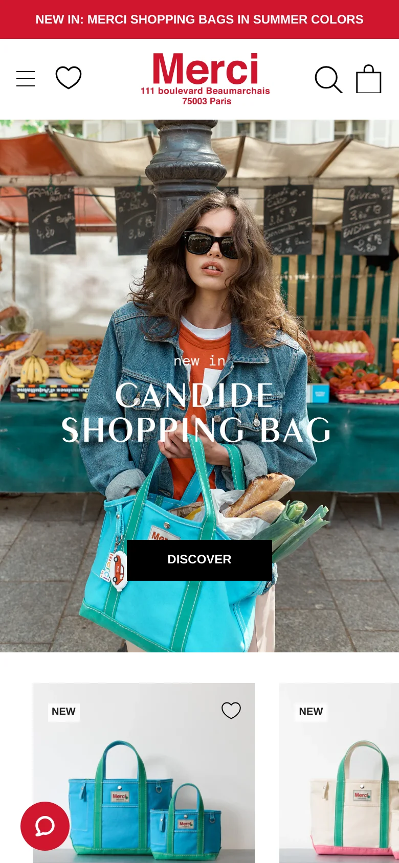 The mobile version presents a vertically oriented hero image of the same market scene, with the 'CANDIDE SHOPPING BAG' headline and 'DISCOVER' button centered. The header is simplified to a hamburger menu, the Merci logo, a search icon, and a shopping bag icon. The layout transitions into a single-column product feed showing new arrivals like the blue Candide tote bag.