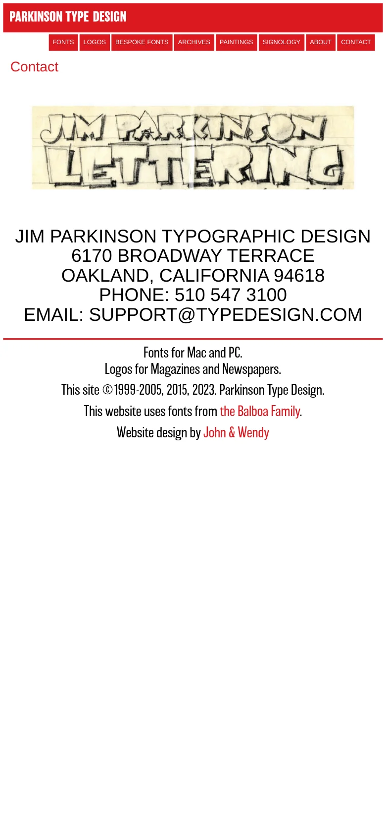 The mobile version presents a simplified vertical layout with the red header and navigation buttons stacked. The central graphic and contact details are scaled down to fit the narrow screen, maintaining the centered text alignment and white background. The primary difference is the condensed, single-column arrangement of the menu and contact information.