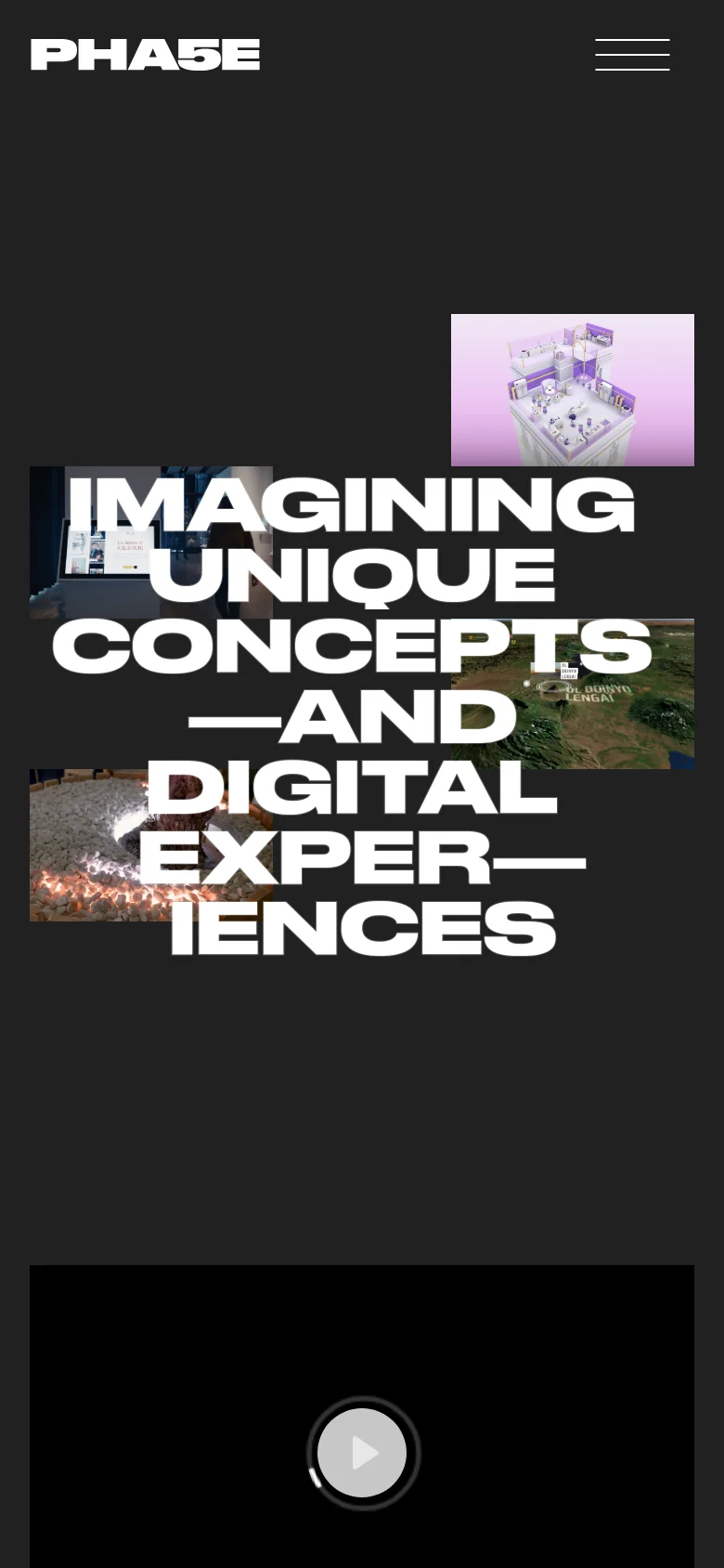 The mobile version maintains the dark theme and bold white headline but uses a stacked layout to accommodate the smaller screen. The navigation menu is condensed into a three-line hamburger icon at the top right, and the imagery is repositioned to fit a vertical orientation.