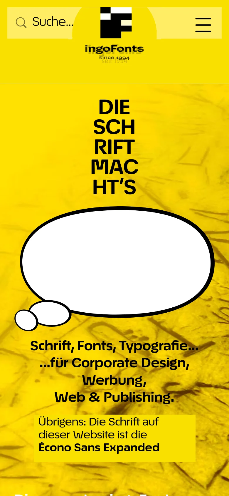 The mobile version uses a vertical layout with a yellow textured background. The navigation is condensed into a hamburger menu and a search bar at the top, while the headline and speech bubble are stacked vertically to fit the narrow screen.