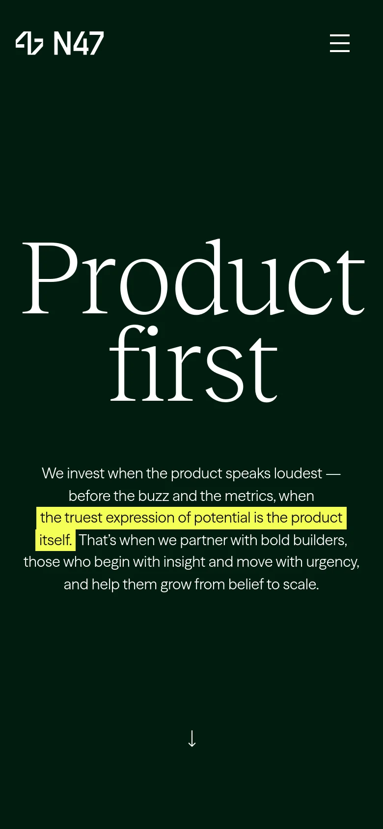 The mobile version maintains the dark green background and large white serif 'Product first' headline, but the navigation menu is collapsed into a hamburger icon in the top right. The layout is vertically stacked to accommodate a narrower screen width.