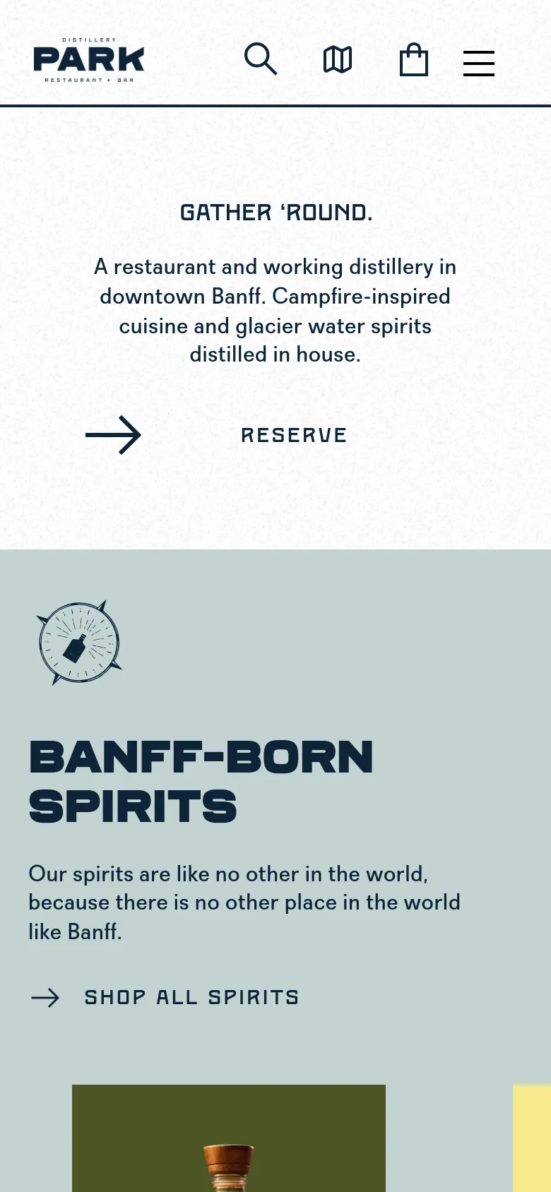The mobile version simplifies the layout into a single-column view with a condensed header containing a search icon, a menu icon, and a shopping bag icon. The hero section maintains the 'GATHER ‘ROUND' headline and 'RESERVE' call to action, but the navigation links are tucked into a hamburger menu to maximize vertical space for content.