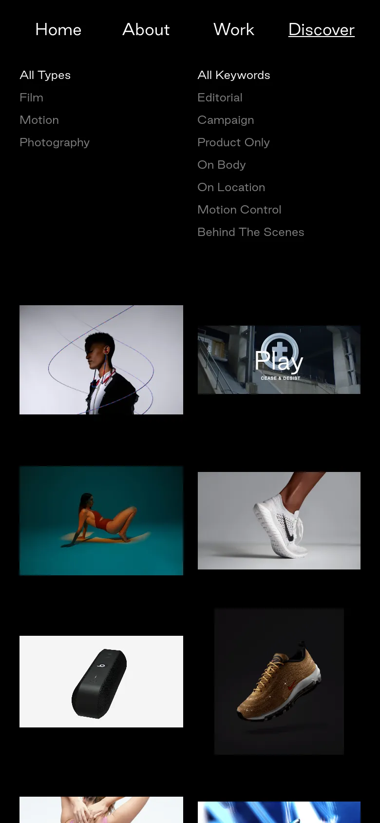 The mobile version maintains the black background and white text but reorganizes the content into a vertical stack. The navigation categories and media grid are scaled down to fit a single-column layout, prioritizing vertical scrolling for the image tiles.