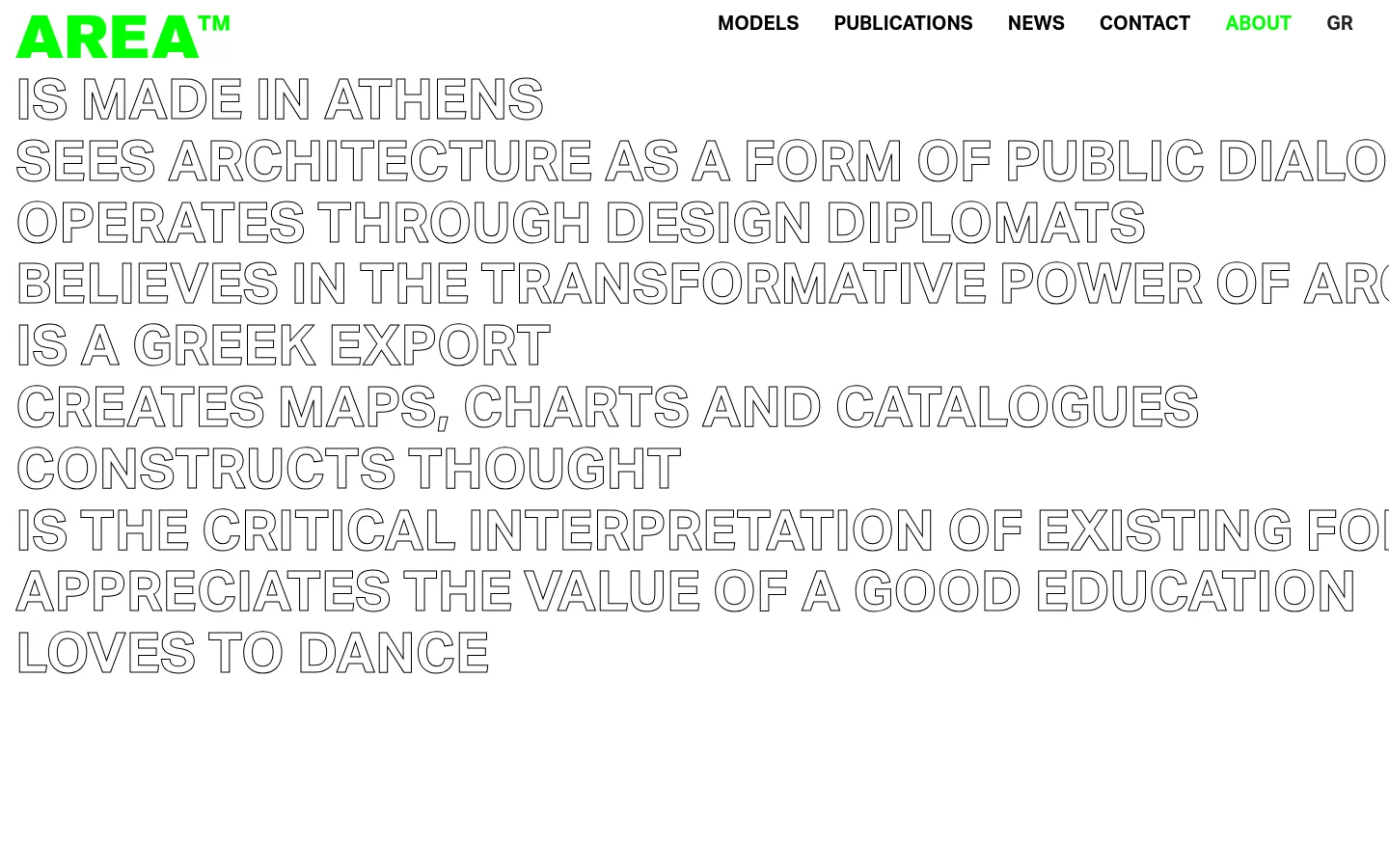 The desktop version features a minimalist white background with a bright green logo in the top left and a horizontal navigation menu on the right. Large, light gray uppercase text dominates the hero section, listing various philosophical statements about the firm in a stacked list format.