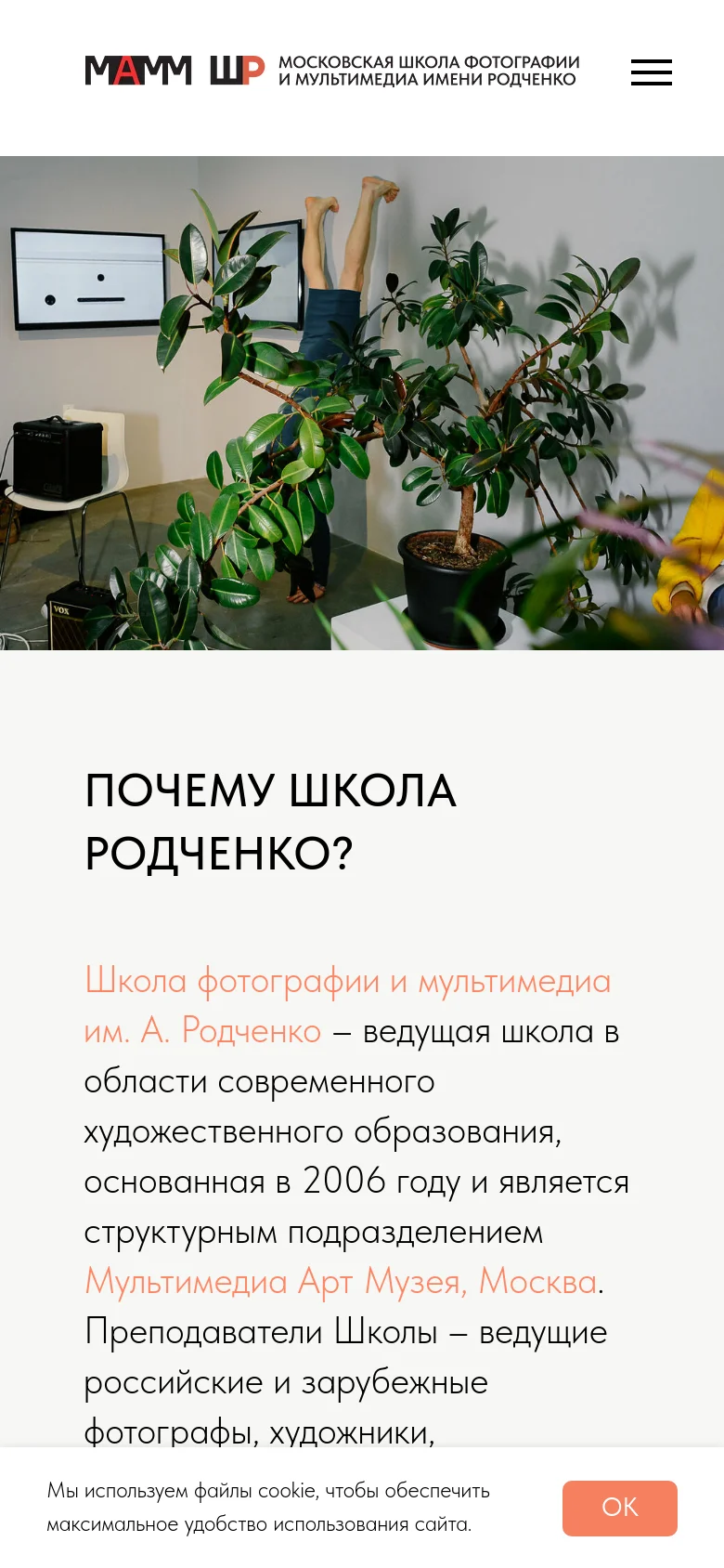Mobile version of the page showing a condensed header with the school logos and a hamburger menu icon on the right. The hero image of the art studio is displayed prominently below the header, followed by the 'WHY RODCHENKO SCHOOL?' heading and text content. A cookie consent banner with an 'OK' button appears at the bottom of the screen.