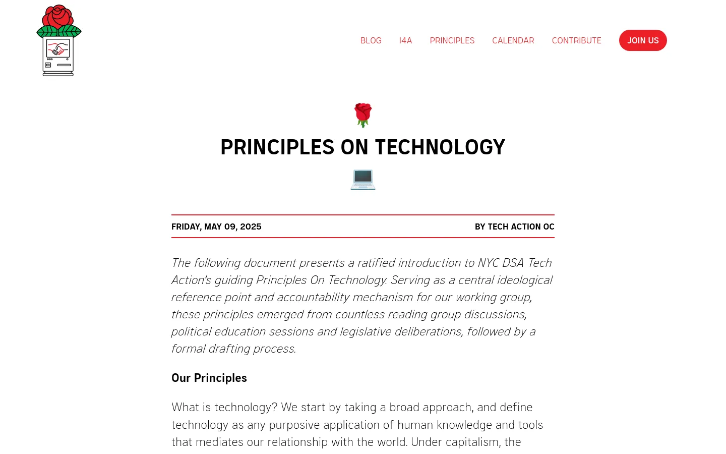 The desktop page features a clean, white background with a minimalist layout. At the top, a navigation menu includes links like Blog and Principles, alongside a red 'JOIN US' button, and a logo of a rose growing from a computer monitor. The main content displays the large, bold headline 'PRINCIPLES ON TECHNOLOGY' centered below a small rose and monitor icon, followed by the article text.