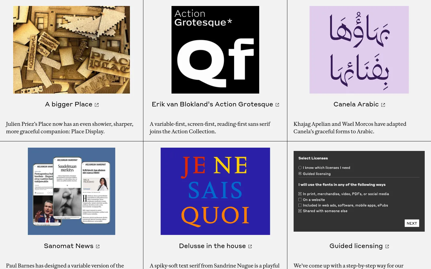The News page features a clean, minimalist grid layout on a white background with black text. Each news item consists of a large rectangular image followed by a bold headline with an external link icon and a short descriptive paragraph. The content includes various typographic studies and font announcements.