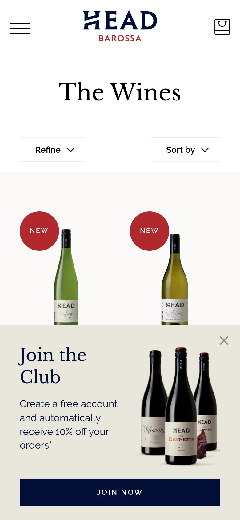 The mobile version simplifies the layout, stacking the 'The Wines' headline above two prominent 'Refine' and 'Sort by' dropdown buttons. The product grid is condensed, and the 'Join the Club' promotional banner occupies the bottom of the screen with a full-width dark navy 'JOIN NOW' button and an image of wine bottles.