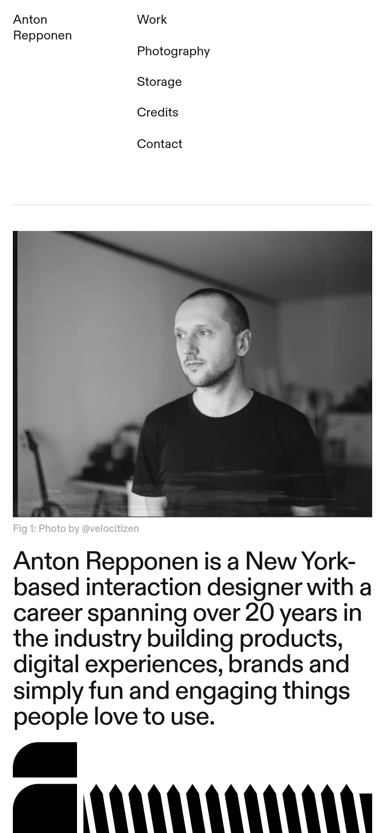 The mobile version presents a single-column vertical layout optimized for scrolling. The navigation links are stacked or simplified, and the black and white portrait and headline text span the width of the screen, followed by large, bold black graphic elements.