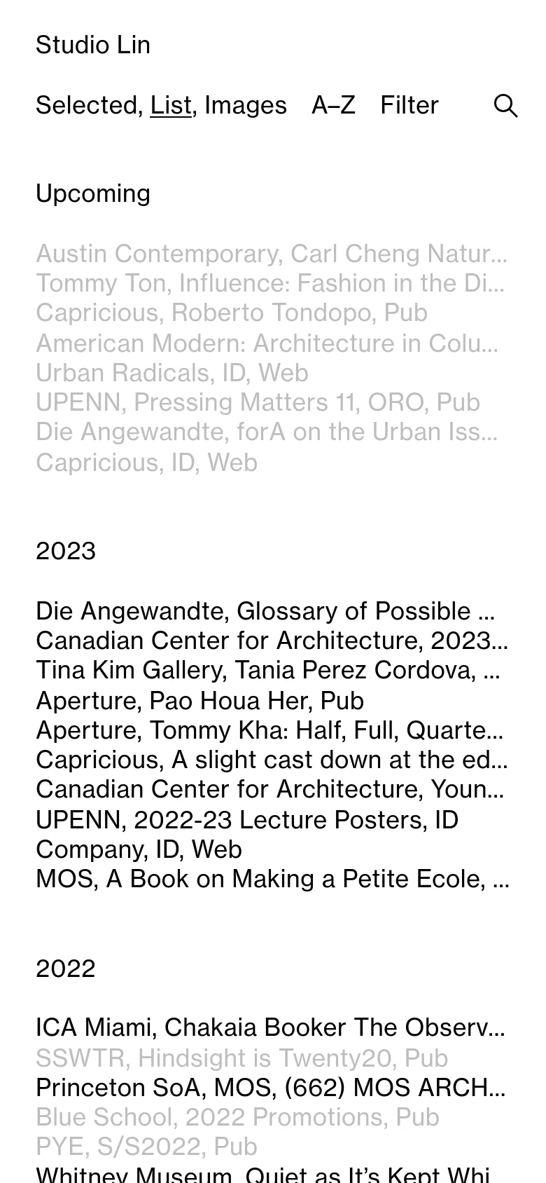The mobile version maintains the minimalist aesthetic but transitions to a single-column vertical list. The navigation menu is condensed, and project details are stacked vertically to fit the narrow screen width.