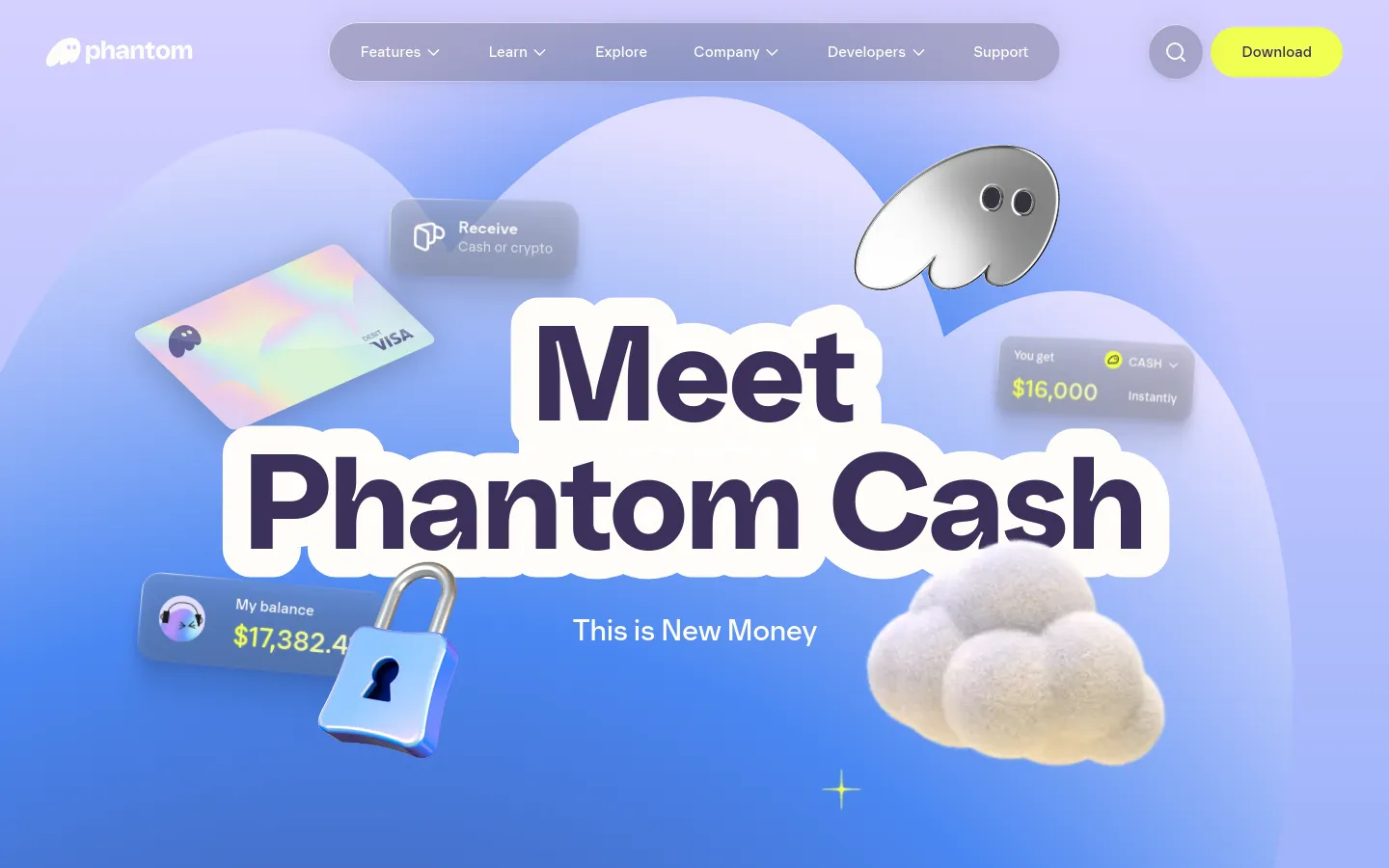 Phantom Cash homepage featuring a playful 3D surrealist design with a soft blue and lavender palette. The hero section displays large bold typography reading Meet Phantom Cash alongside floating 3D elements like a ghost, a cloud, a lock, and a VISA card. A sticky navigation bar includes a prominent yellow Download button.