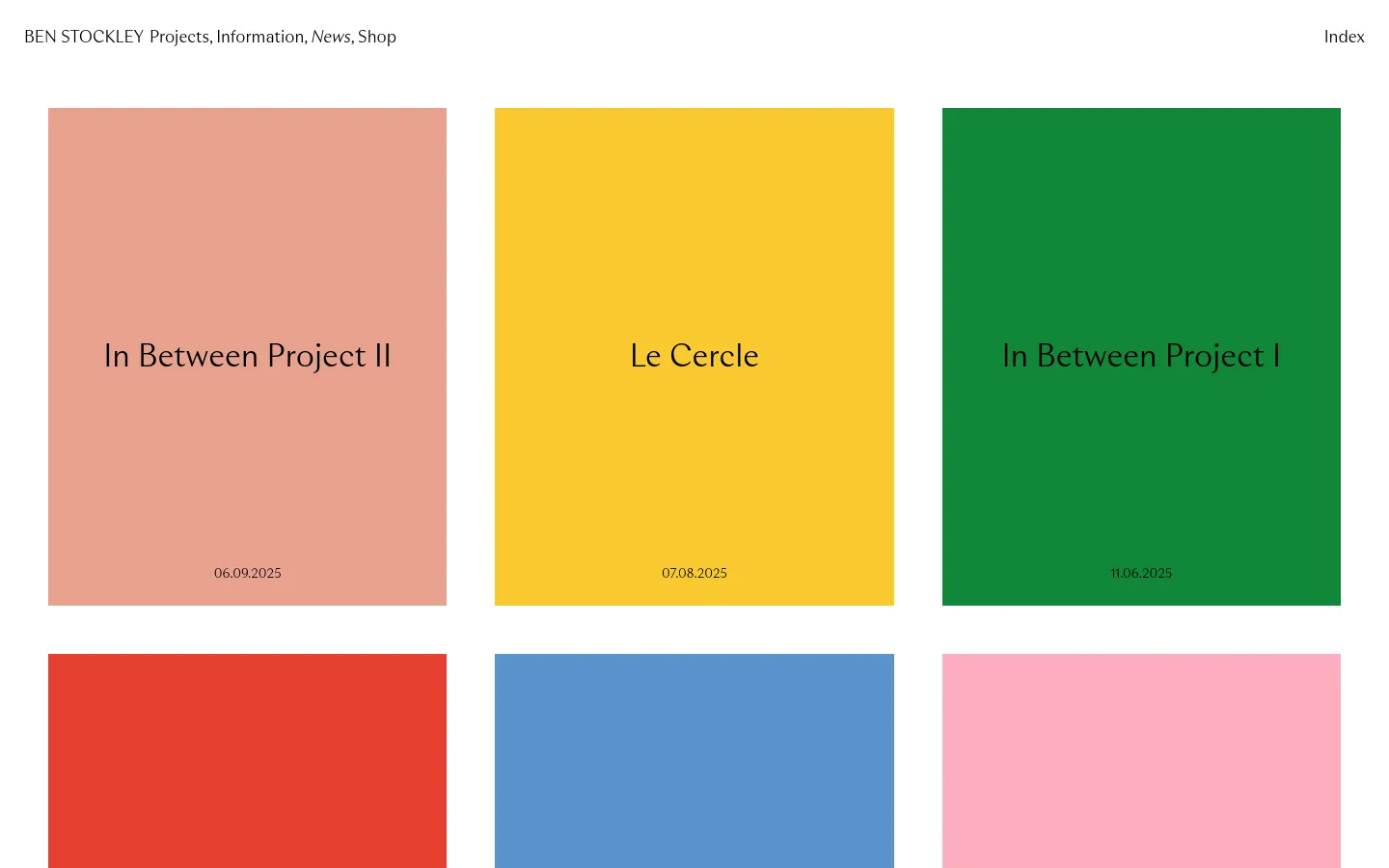 The desktop news page features a minimalist layout with a white background and a navigation menu at the top. The main content consists of a grid of large, colorful rectangular tiles in shades of peach, yellow, green, red, blue, and pink, each containing a project title and date. The top navigation includes links for Projects, Information, News, and Shop, alongside an Index link.
