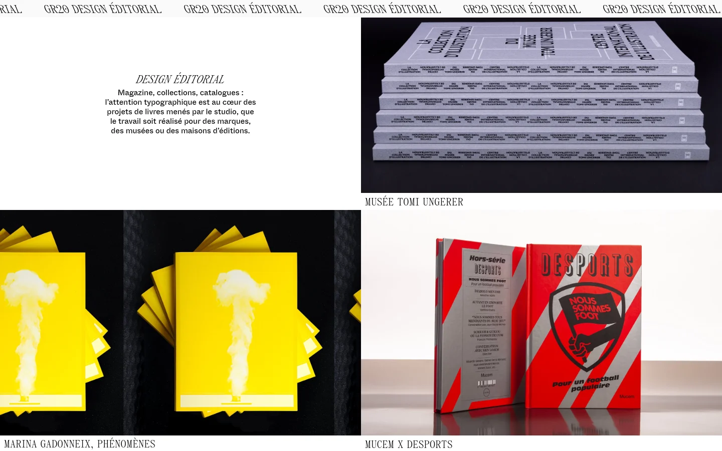 The desktop page features a minimalist design with a white background and black serif typography. The layout consists of a large title 'DESIGN ÉDITORIAL' followed by a descriptive paragraph on the left and a large hero image of stacked books on the right. Below, a grid displays project images with titles like 'MARINA GADONNEIX, PHÉNOMÈNES' and 'MUCEM X DESPORTS'.