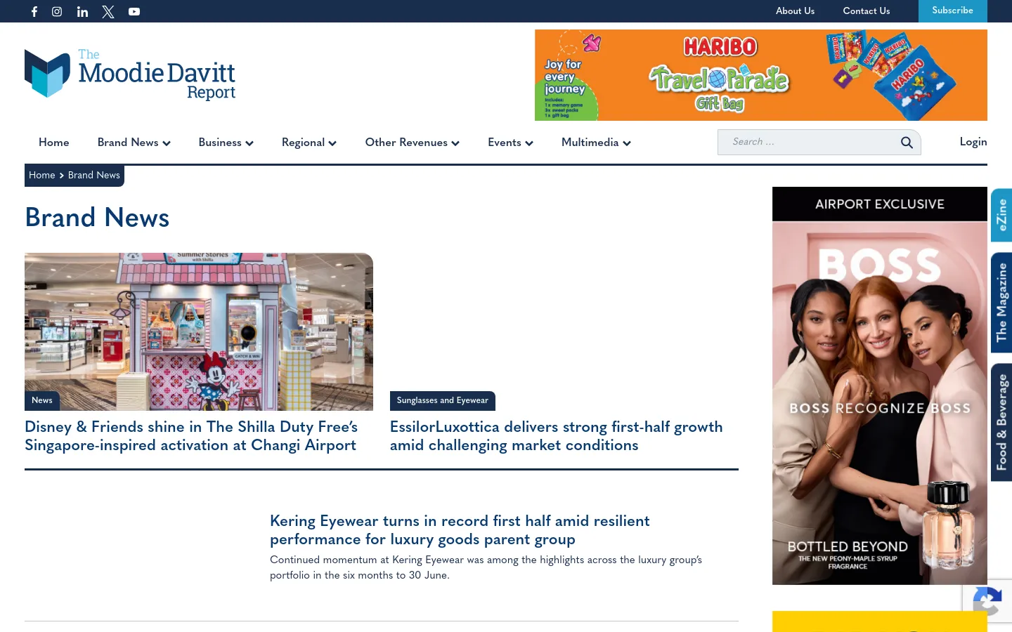 The Brand News archive page features a white header with the Moodie Davitt Report logo, a navigation menu, and a search bar. Below, a large 'Brand News' headline precedes a feed of news articles, each consisting of a large featured image, a category tag, a bold headline, and a brief summary. A prominent orange Haribo banner sits at the top right, and a vertical 'Airport Exclusive' magazine advertisement is visible in the right sidebar.