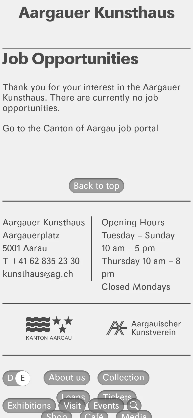 The mobile version presents a vertically stacked layout optimized for small screens. The main content remains centered with the 'Job Opportunities' heading and the external job portal link. The footer elements, including the address, opening hours, and navigation buttons, are rearranged into a single column for easier scrolling.